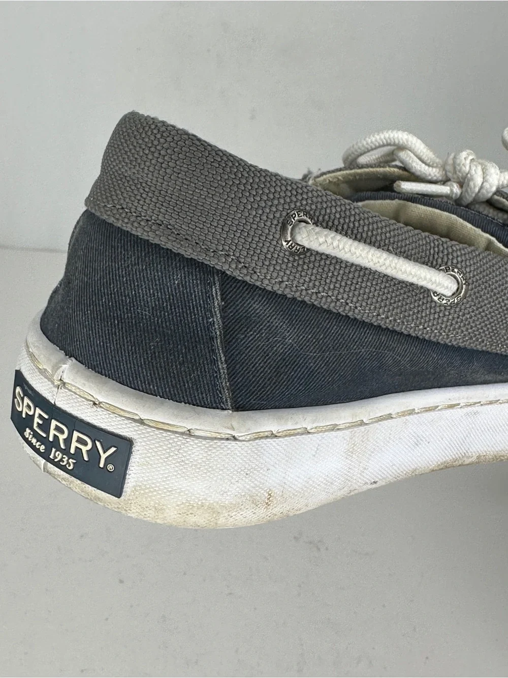 Sperry Two Eye Navy and Gray Boat Shoes Top Siders Canvas Sz 9.5